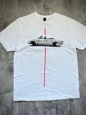 White Short Sleeve Men’s Graphic Tee with Red Stripe